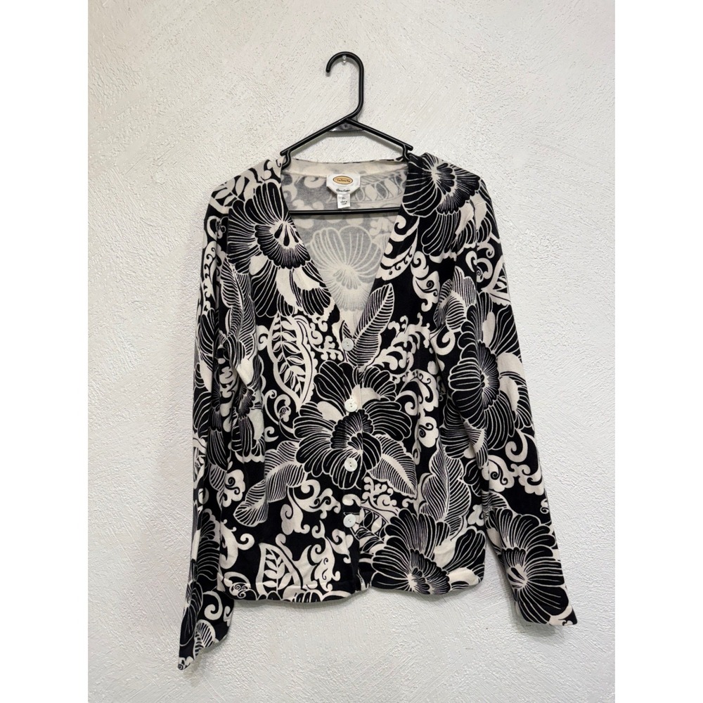 Talbots Vintage Black White Floral V-Neck Button Up Cardigan Sweater XL Women - Picture 2 of 7